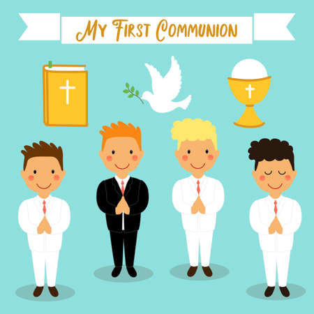Cute set of design elements for First Communion as boys cartoon charactersのイラスト素材