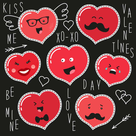 Cute set of fashion patches with cartoon characters of hearts emoji on trendy striped backgroundのイラスト素材