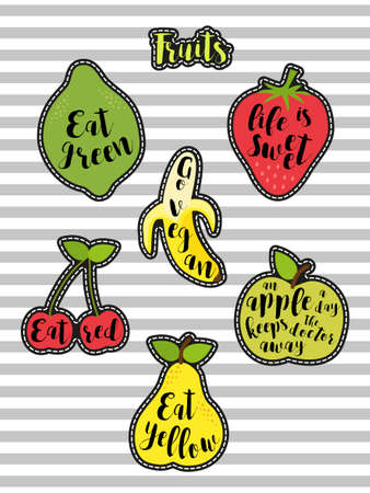 Cute set of fashion patches with fruits and lettering.のイラスト素材
