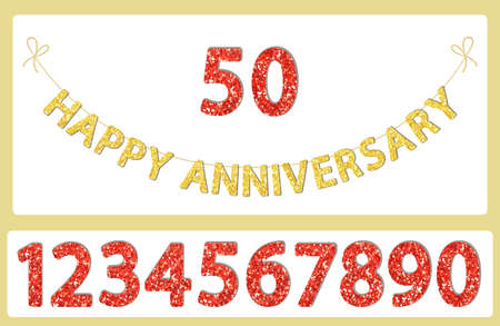 Cute festive glitter Happy Anniversary letters and numbers bunting for your decorationのイラスト素材