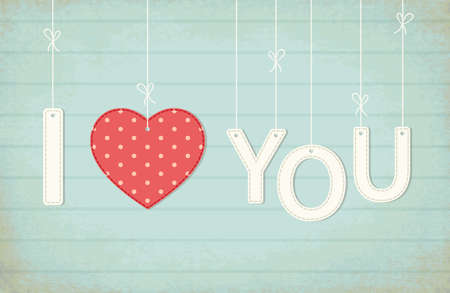 Cute vintage Valentines Day card I Love You as textile letters and heart in shabby chic styleのイラスト素材