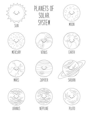 Cute coloring pages of smiling cartoon characters of planets of solar system.のイラスト素材