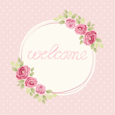 Cute shabby chic frame with roses on seamless polka dots backgroundのイラスト素材
