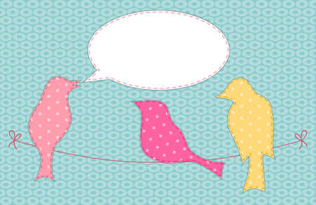 Cute fabric paradise birds with speech bubble as applique in shabby chic style.のイラスト素材