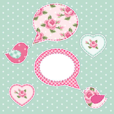 Cute fabric paradise birds with speech bubble as applique in shabby chic styleのイラスト素材