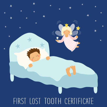 Cute hand drawn First Lost Tooth Certificate as sleeping kid and funny smiling cartoon character of tooth fairy for your decorationのイラスト素材
