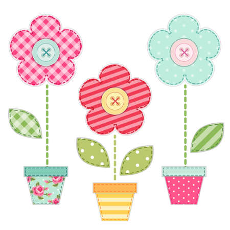 Cute retro spring and garden elements as fabric patch applique of flowers in pots for your decorationのイラスト素材