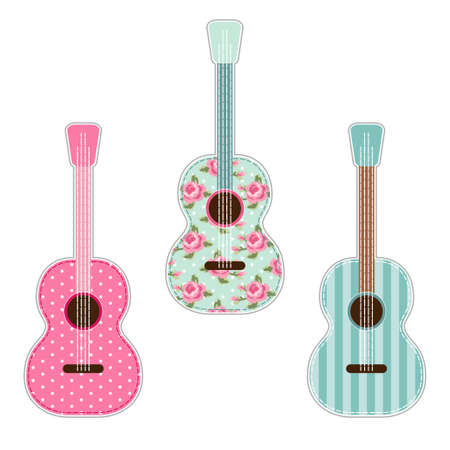 Cute retro fabric guitars with shabby roses as appliqueのイラスト素材