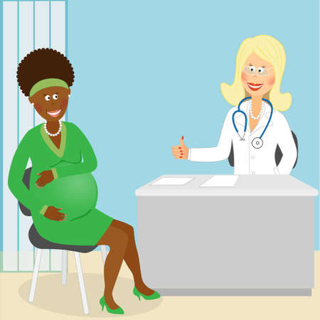 Pregnant woman visits her doctor, she is smiling and happy as everything is okayのイラスト素材