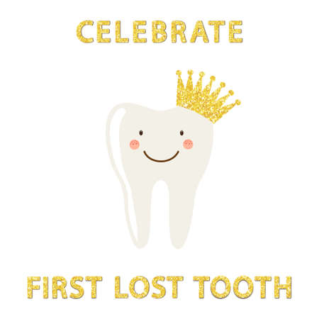 Cute card as funny smiling cartoon character of tooth with crownのイラスト素材