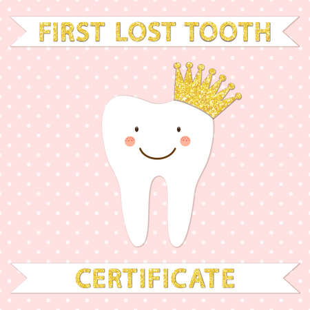 Cute card as funny smiling cartoon character of tooth with crownのイラスト素材