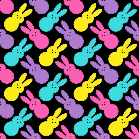 Cute Easter seamless pattern design with funny cartoon characters of bunnies in 80s and 90s style...