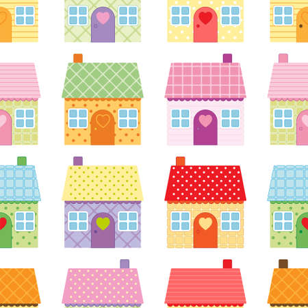 Cute houses seamless pattern on white background in scandinavian styleのイラスト素材