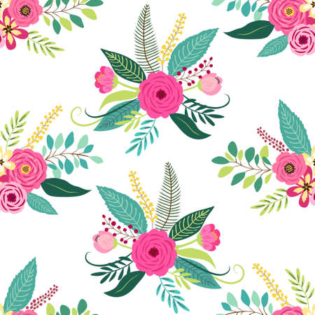 Cute seamless pattern with vintage elements as rustic hand drawn first spring flowers for your decorationのイラスト素材