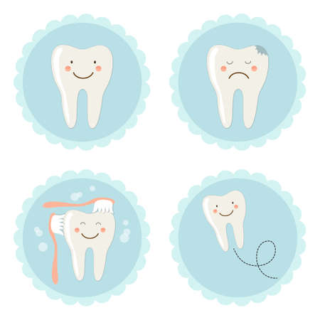 Cute labels set of cartoon characters of teeth with different emotionsのイラスト素材