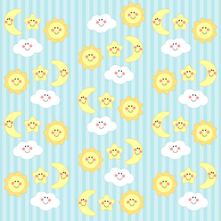 Retro background as handmade fabric cloud, moon, star and sun as cartoon characters, scrap booking elementsのイラスト素材