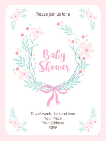 Cute vintage Baby Shower invitation card with hand drawn flowersのイラスト素材