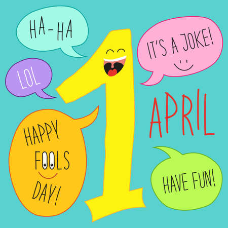 Cute 1 april Fools Day cartoon charachter of smiling number one with speech bubblesのイラスト素材