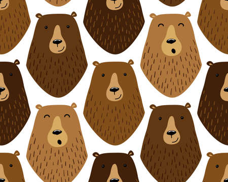 Cute childish seamless pattern with funny hand drawn cartoon characters of different bearsのイラスト素材