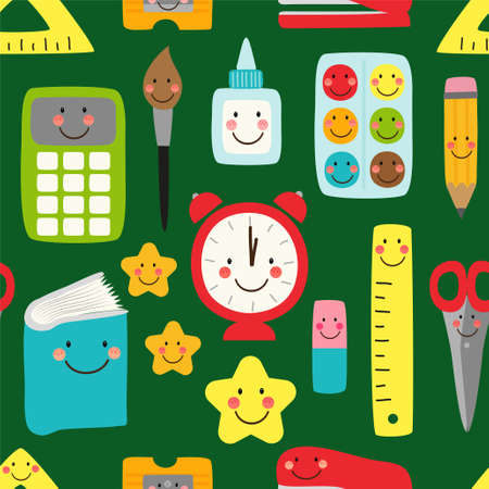 Cute childish seamless pattern Back to School supplies as smiling cartoon characters for your decorationのイラスト素材