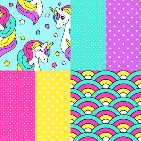 Cute set of childish seamless patterns with cartoon character of magic unicorn, can be used for kids fabrics design as bed linen, baby clothing as pajamas etcのイラスト素材