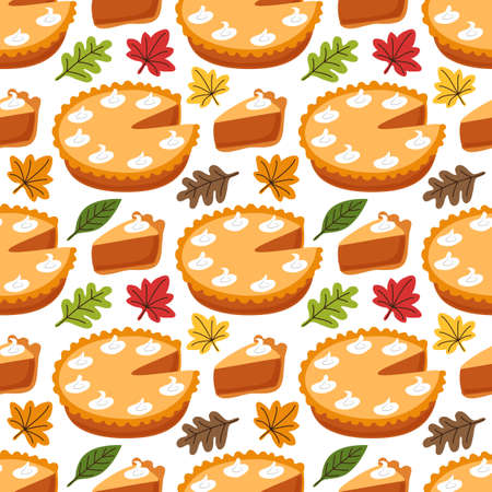 Cute Seamless Pattern with Pumpkin Pie and autumn leaves for your decorationのイラスト素材
