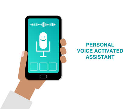 Hand holding cell phone with app of personal voice activated assistant flat illustrationのイラスト素材