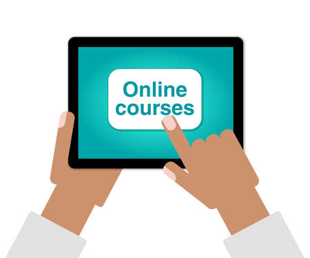 E-Learning concept as hands finger choosing Online Education on tablet computer for your decorationのイラスト素材