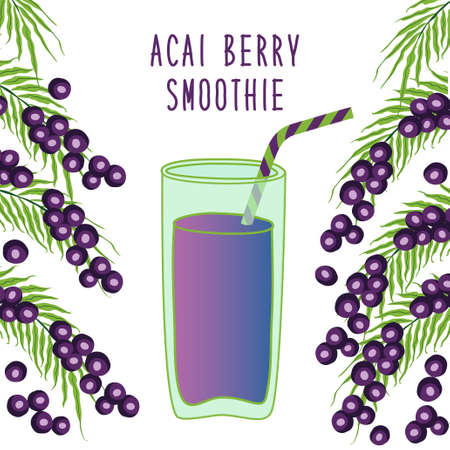 Cute frame with glass of acai berries smoothie, hand drawn elements with lettering for your decorationのイラスト素材