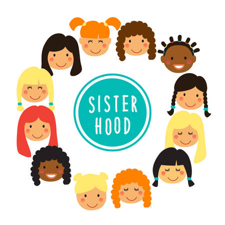 Happy women or girls faces as union of feminists, sisterhood as flat cartoon characters isolated on white background. Colorful vector illustration for your decorationのイラスト素材