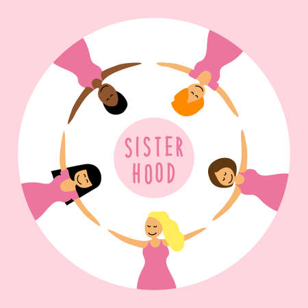 Happy women or girls as union of feminists, sisterhood as flat cartoon characters for your decorationのイラスト素材