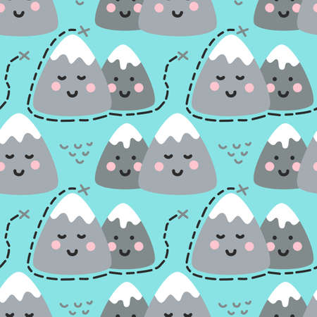 Cute childish seamless pattern with Kawaii Mountains and travel route map for your decorationのイラスト素材