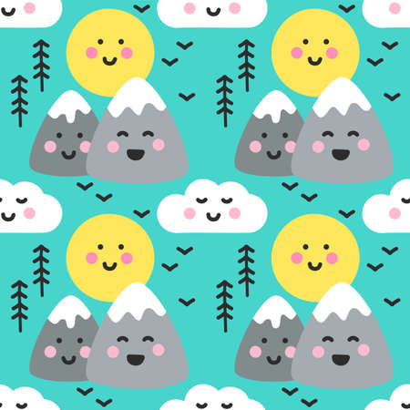 Cute childish seamless pattern with Kawaii Mountains landscape for your decorationのイラスト素材