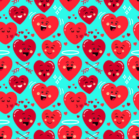 Cute seamless pattern of holiday Valentines day background with funny cartoon kawaii characters of emoji heartsのイラスト素材