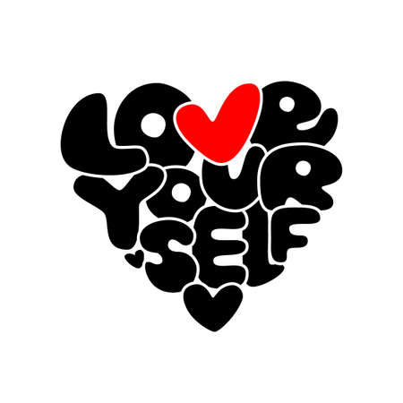 Cute Love Yourself hand drawn lettering trendy affirmation phrase in retro 80s style for t-shirts, decorations, motivational greeting cards etcのイラスト素材