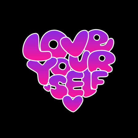 Cute Love Yourself hand drawn gradient lettering trendy affirmation phrase in retro 80s style for t-shirts, decorations, motivational greeting cards etcのイラスト素材
