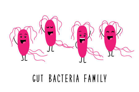 Funny gut bacteria family cartoon characters isolated on white, gut and intestinal flora, set in flat styleのイラスト素材