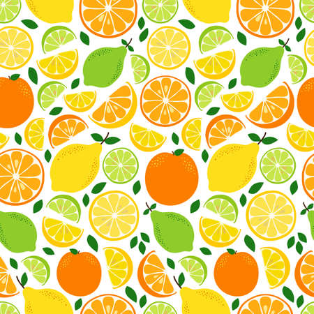 Cute Seamless Pattern with Fresh Lemonade ingredients Citrus Fruits Lemon, Lime and Orange in vivid...