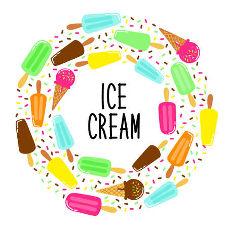Cute Ice Cream collection frame background in vivid tasty colors ideal for banners, package etcのイラスト素材