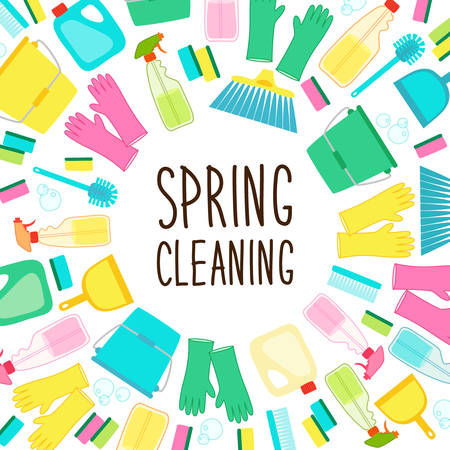 Cute spring cleaning utensils background in vivid eye catching colors and hand written textのイラスト素材