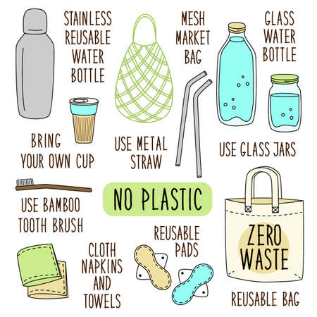 Cute hand drawn elements of no plastic, zero waste concept, eco lifestyle, go green theme for your...