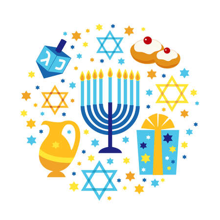 Cute Happy Hanukkah, Festival of Lights background in flat design styleのイラスト素材