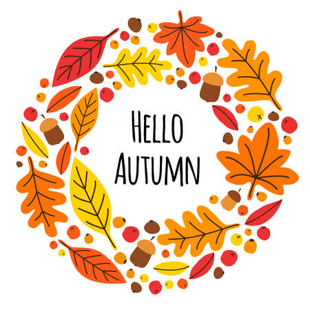 Cute eye catching bright botanical Autumn Leaves background in traditional colors can be used for shopping sale or promo poster and frame leaflet or web bannerのイラスト素材