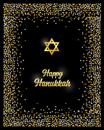 Luxury Festive Happy Hanukkah background with golden sparkles and glittering effect and lettering, can be used as greeting card, banner, poster or flyer design for your decorationのイラスト素材