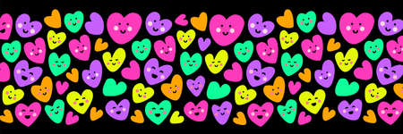 Cute childish background with funny kawaii cartoon characters of hearts in 80s style