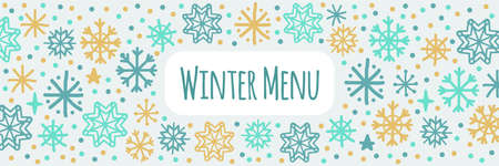 Cute Scandinavian Winter horizontal banner background with hand drawn snowflakesのイラスト素材