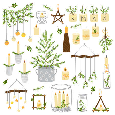 Cute Scandinavian set of vintage Christmas and New Year decorative elements as wooden star, Christmas tree, candles, mason jars and etcのイラスト素材
