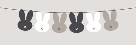 Cute Scandinavian Easter Bunny horizontal banner as bunting with primitive geometric silhouettes of rabbit head in neutral colorsのイラスト素材