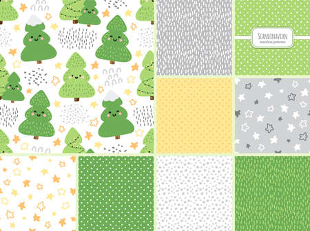 Cute set of Scandinavian Christmas Trees seamless patterns background with hand drawn cartoon characters of Fir Treesのイラスト素材