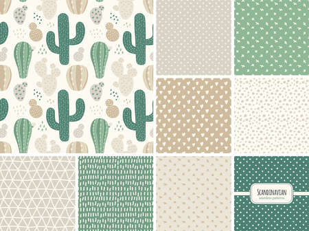 Cute set of seamless backgrounds with hand drawn cactus in scandinavian style, neutral colors botanical pattern, can be used for kids nursery textile and fabrics, wallpaper etcのイラスト素材